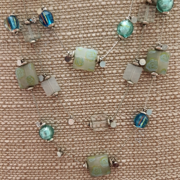 Vintage Teal Blue Acrylic and Rhinestone Triple Strand Necklace - Picture 2 of 7